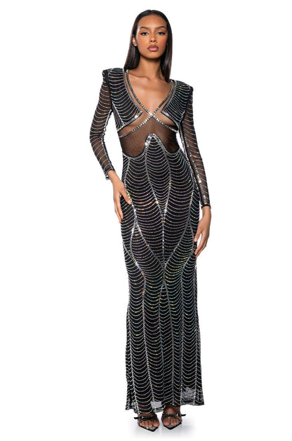Arovena Deep V-Neck Rhinestone Mesh Long Sleeve Maxi Dress