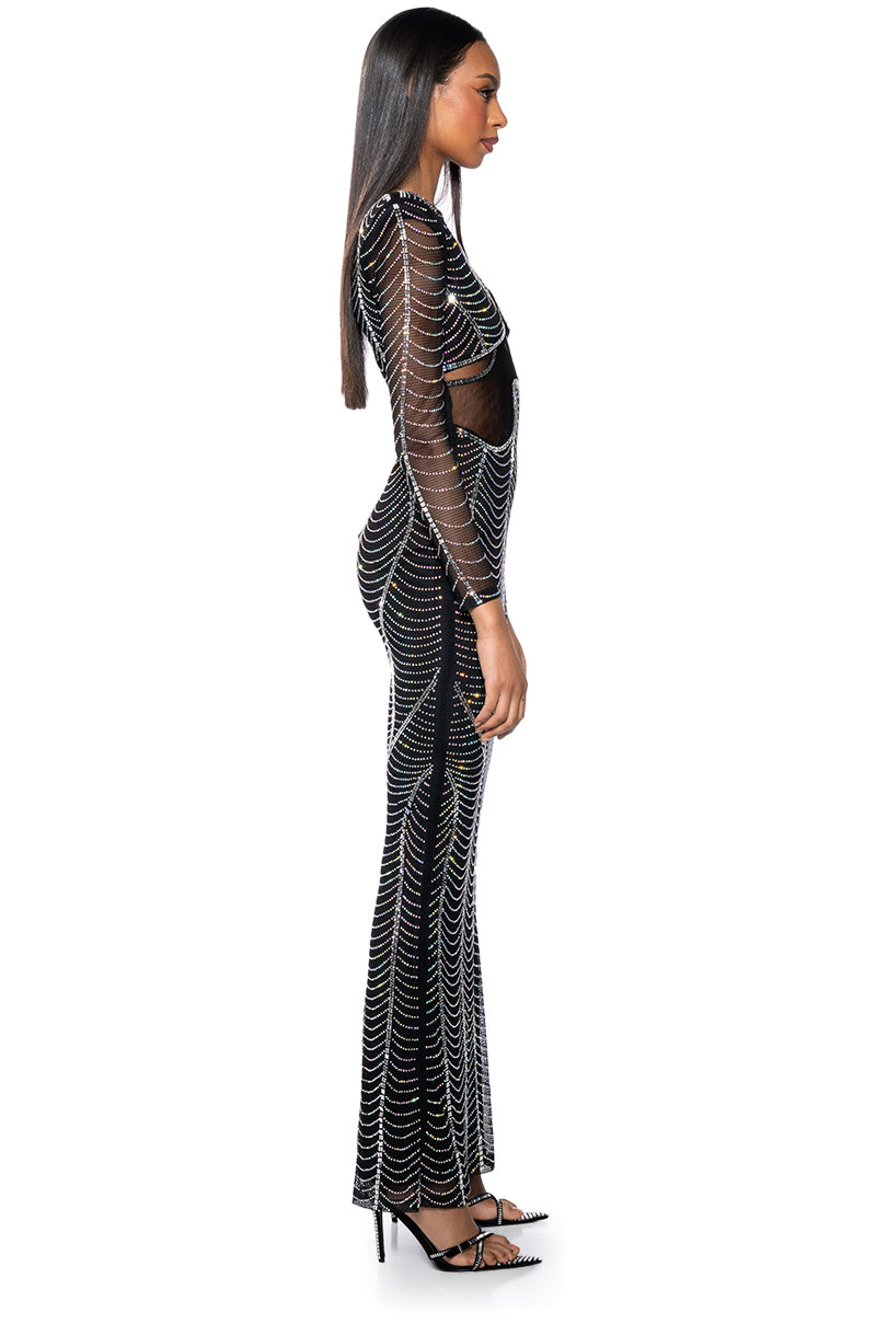 Arovena Deep V-Neck Rhinestone Mesh Long Sleeve Maxi Dress