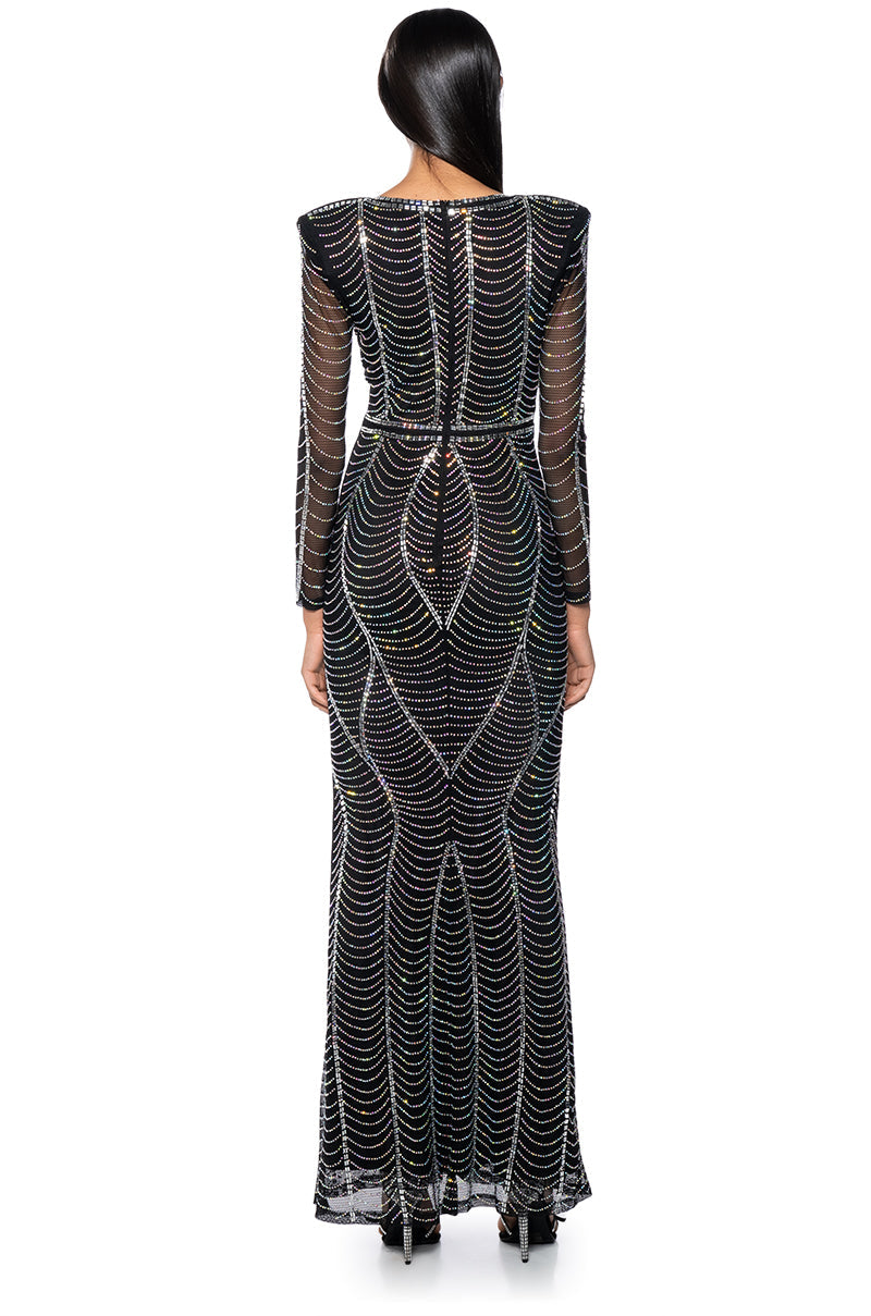 Arovena Deep V-Neck Rhinestone Mesh Long Sleeve Maxi Dress