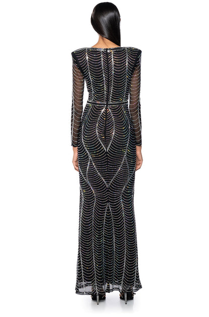 Arovena Deep V-Neck Rhinestone Mesh Long Sleeve Maxi Dress