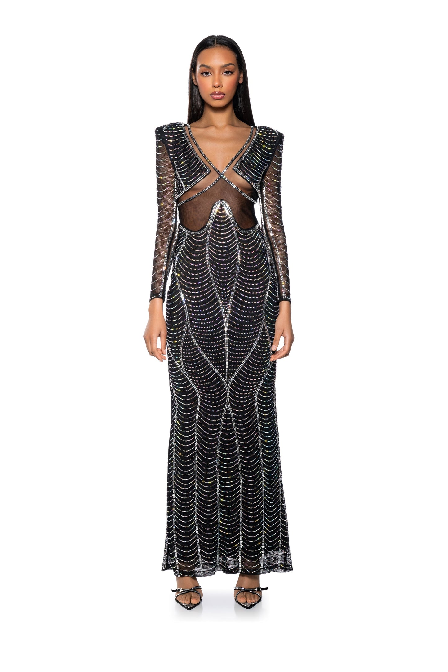 Arovena Deep V-Neck Rhinestone Mesh Long Sleeve Maxi Dress