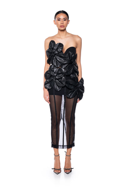 Arovena Strapless Black 3D Flower Sheer Midi Dress