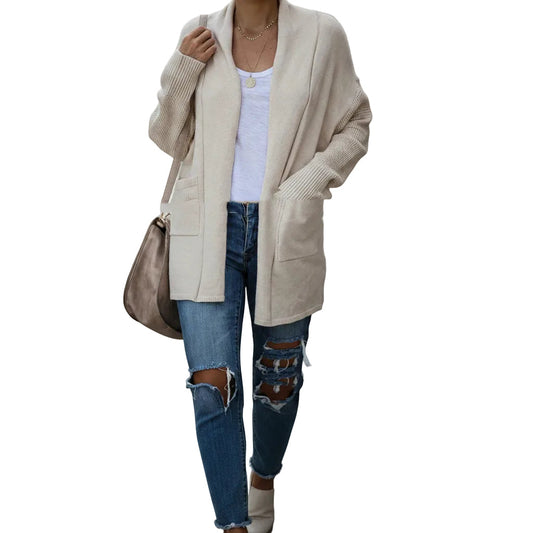 Women's bat sleeve thick knit cardigan sweater coat in Cream front view