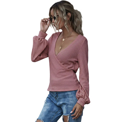 Women's V Neck Puff Sleeve Slim Fit Long Sleeve T Shirt
